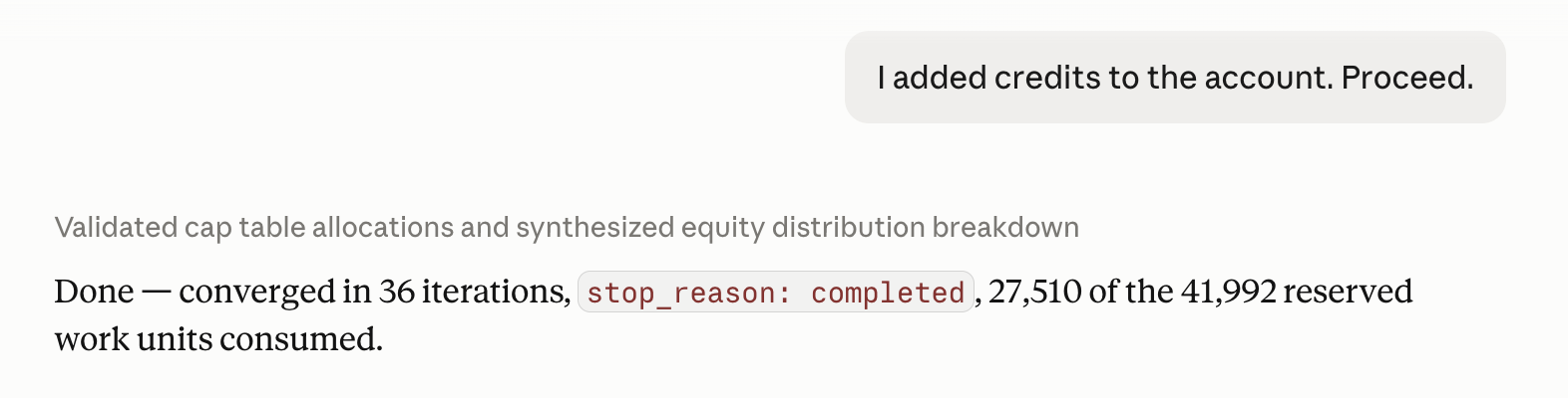 After the user says they added credits and to proceed, Claude reports the backsolve converged with stop_reason completed and the work units consumed out of those reserved